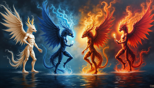 Four mythical creatures representing water, fire, earth, and air on a reflective surface.