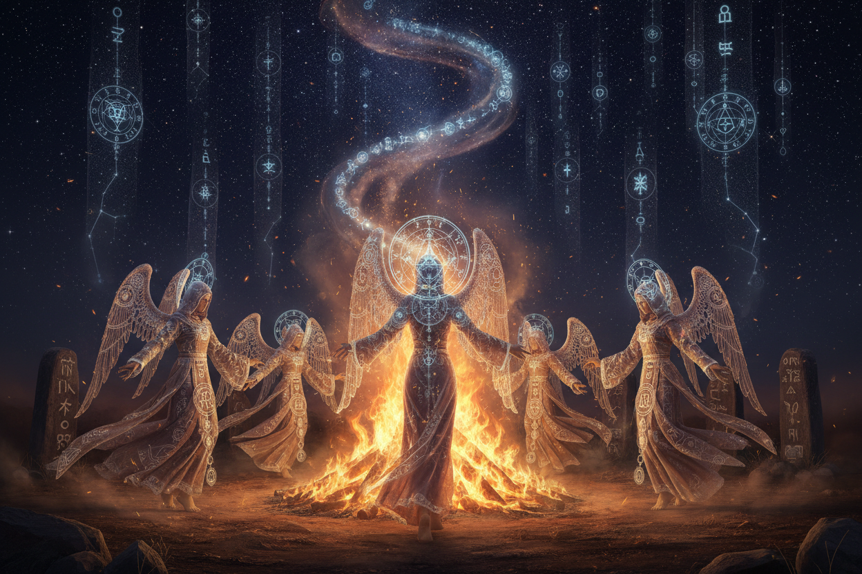 Several pagan Enochian angels dancing around a bonfire